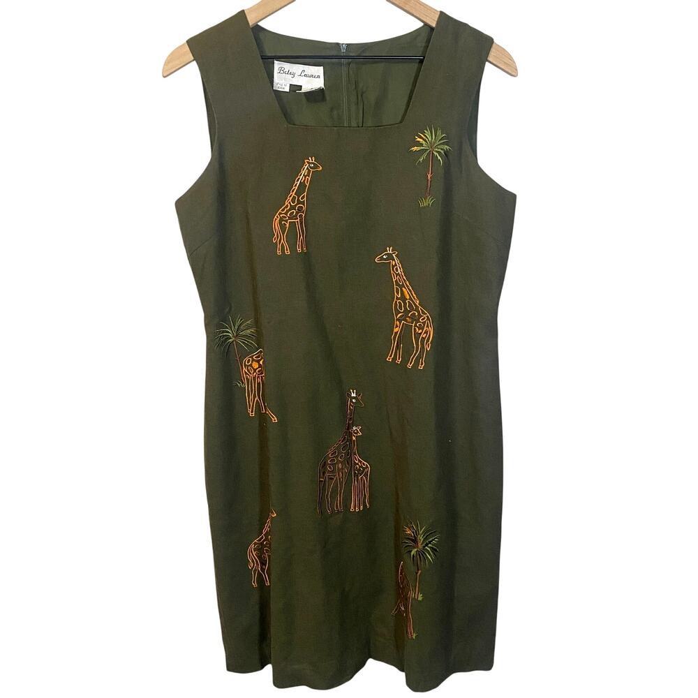 Vintage Linen Blend Moss Green Embroidered Safari Giraffe Sheath Dress Sz 8